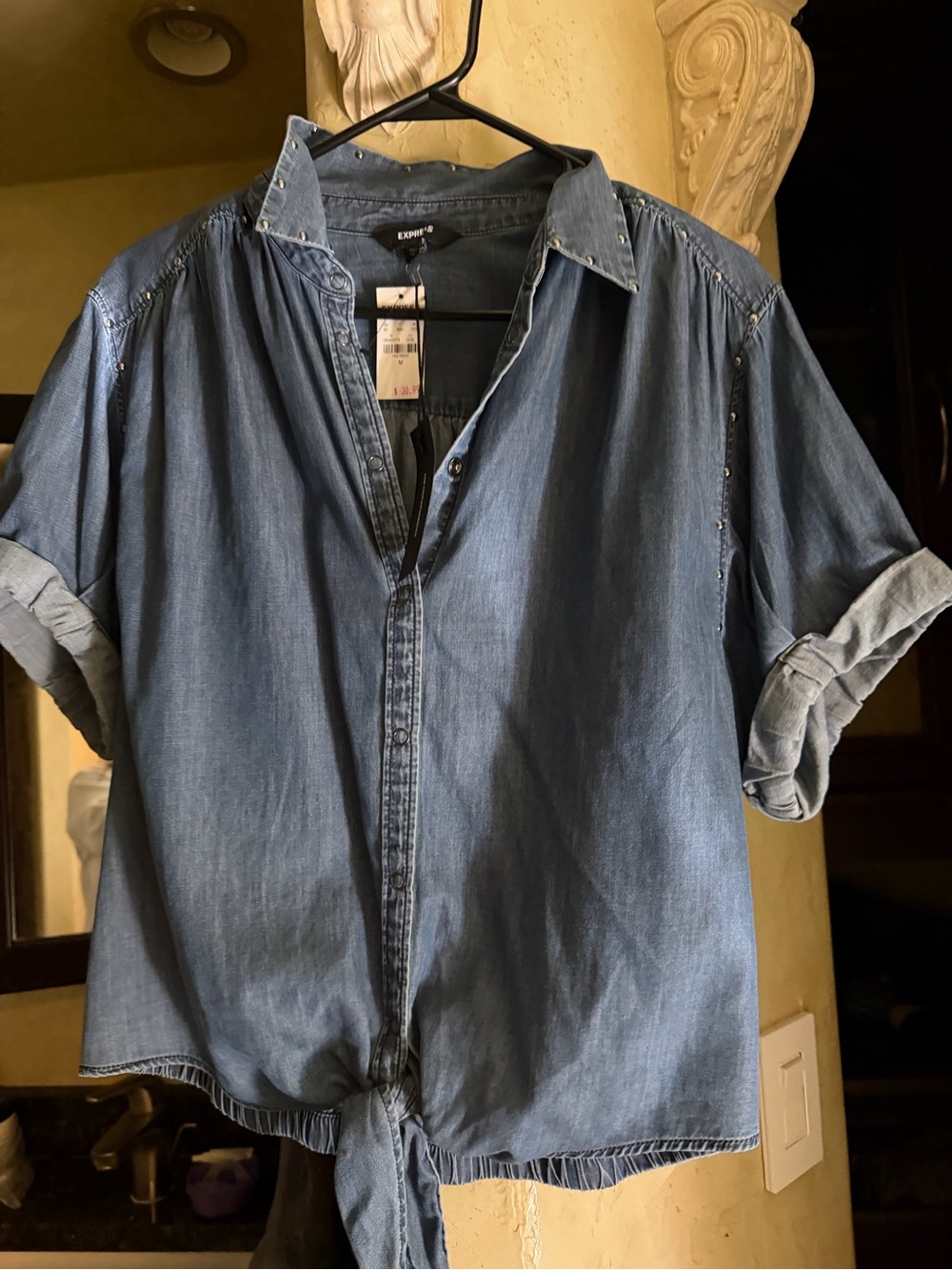 Express Blue Denim Tie-Front Button-Down Shirt